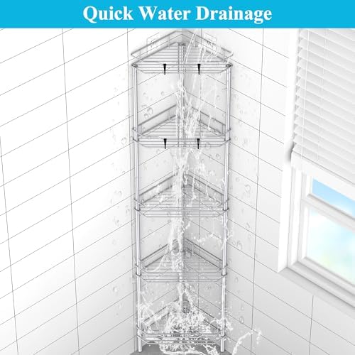 HuggieGems Metal Floor Standing Corner Shower Caddy, Silver, 5 Tier - Image 5