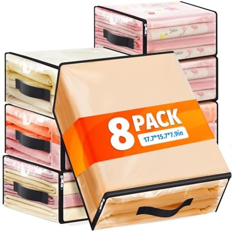 SpaceWhisper Clear Sheet Storage Bags, 8 Pack, 17.7 x 15.7 x 7.9 in | Sheet organizers and storage, zippered closure, thick plastic, reinforced handles, clothes, blankets, under-bed storage by Unknown
