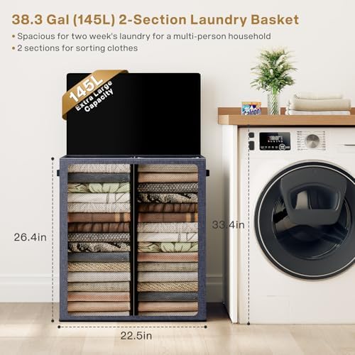 SOLEDI Large Double Laundry Hamper with Lid, Collapsible Clothes Hamper 2 section with Removable Bags, Space-Saving Laundry Basket for Bedroom, Dorm, College - Image 2