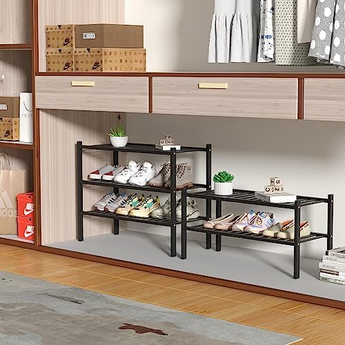 ROMGUAR CRAFT 3 Tier Bamboo Shoe Rack for Closet Free Standing Wood Shoe Shelf Storage Organizer for Entryway Small Space Stackable 27"x11"x20" (Black) - Image 4
