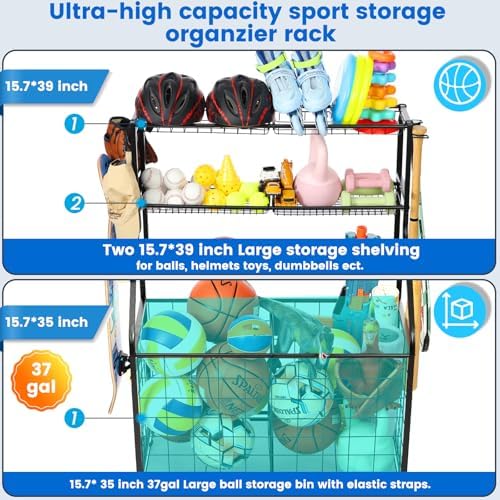 Kinghouse Sport Equipment Organizer for Garage, Steel Basketball Rack with Bat Holder and Hooks, Easy Assembly Storage for Balls, Kids' Toys, Workout Gear, Home Gym, Outdoor - Image 3