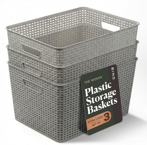 BINO | Plastic Storage Baskets, 33 Liter - 3 Pack, Natural Grey | THE WOVEN COLLECTION | Storage Basket for Shelves | Woven Storage Baskets for Organizing Bins | Pantry Shelf Organizer | Container Bin by BINO