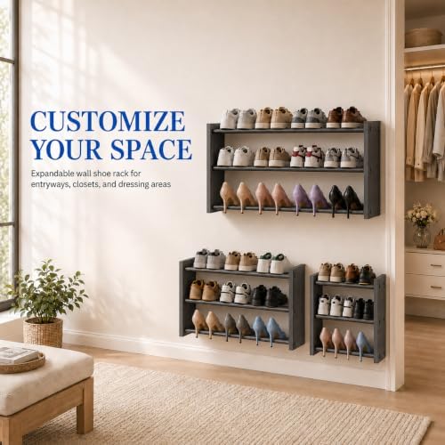 3 Tier Shoe Shelf for Closet, 17"-30" Adjustable Hanging Shoe Rack, Wall Mounted Shoe Rack Holds 12 Pairs, Small Wall Shoe Storage Organizer for Garage, Entryway, Hallway, Bedroom (Black) - Image 3