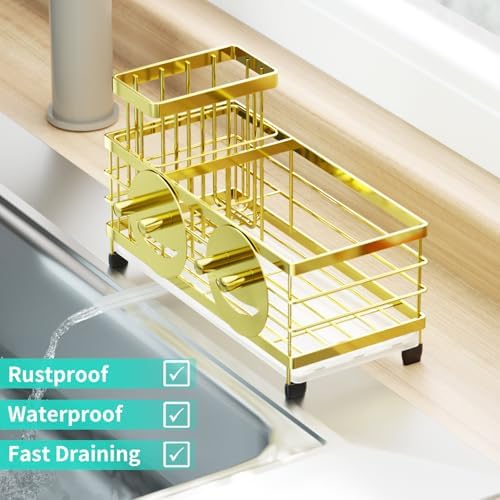 HapiRm Sink Caddy Sponge Holder - Self-draining Kitchen Sink Organizer with Smiley Face and Brush Holder, Stainless Steel Kitchen Sponge Caddy for Countertop - Gold - Image 6