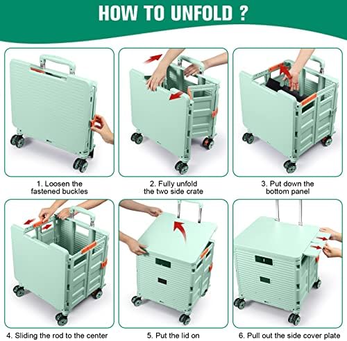 Foldable Utility Cart Folding Portable Rolling Crate with Magnetic Extended Lid,360°Rotate Wheels,176LBS Load Capacity,Heavy Duty Durable Dolly Cart for Teacher Tourist Shopping Office Outdoor - Image 3