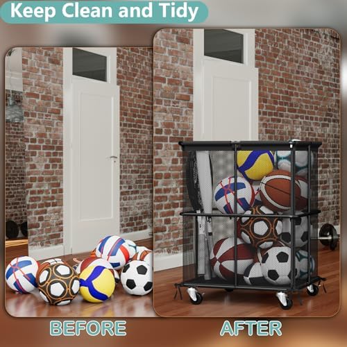 smusei Ball Storage Bin Rolling Sports Ball Storage Cart Garage Sports Equipment Organizer Rack with Wheels Outdoor Basket Ball Cage for Garage, School, Gym, Yoga Room - Image 6