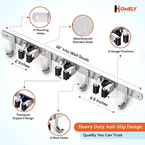 Homely Center Mop and Broom Holder Wall Mount – Heavy-Duty Closet Organizer for Garage, Kitchen, Laundry Organization – Tool Hanger with 3 racks and 4 hooks - Image 2