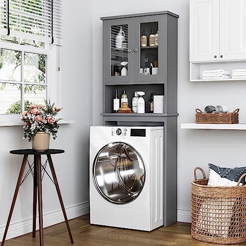 Over the Toilet Storage Cabinet for Bathroom, Storage Organizer Over Toilet, Bathroom Space Saver with Tempered Glass Doors, Gray - Image 3