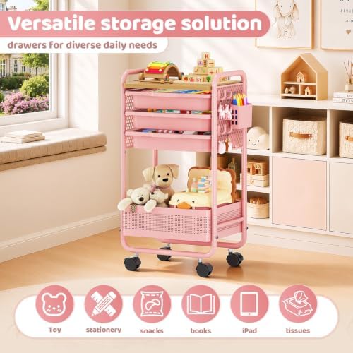KINGRACK 3 Tier Rolling Cart with Drawer, Metal Utility Storage Cart, Pink | 3 Drawers, Pegboard & Wood Tabletop, Lockable Wheels, 4 Hooks & 1 Bin, for Living Room,Bedroom,Craft Room,Office,Kids Room - Image 2
