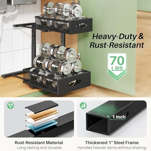 Under Sink Organizer, 2-Pack Pull Out Cabinet Organizer 2 Tier Metal Slide Out Storage Shelf Rack, L-Shaped Adjustable Height,Mesh Sliding Drawer for Kitchen, Bathroom, Laundry, Pantry, Black, XL - Image 6