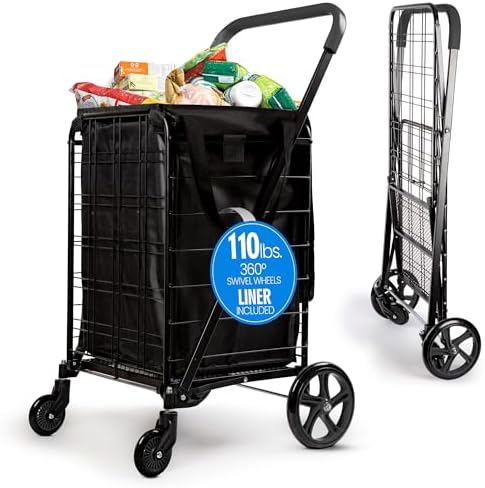 SereneLife Large Folding Utility Shopping Cart with Removable Liner – Heavy Duty, 360° Swivel Wheels, 110 lb Capacity, Portable for Groceries, Laundry, Luggage, and More (Black) by SereneLife