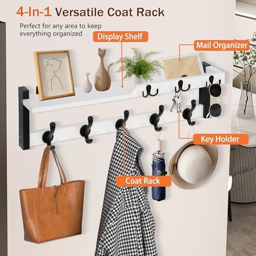 dreampossible 4 in 1 Coat Rack Wall Mount with Shelf, Coat Hooks 25.2" Entryway Coat Hanger with Key Hooks and Mail Holder, Wall Hooks with Shelf, Hat Rack for Wall Key Holder Mail Organizer - Image 3