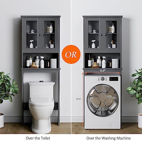 Over the Toilet Storage Cabinet, Bathroom Storage Cabinet Over Toilet, Space Saver with 2 Tempered Glass Doors, Grey - Image 6