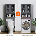 Over the Toilet Storage Cabinet, Bathroom Storage Cabinet Over Toilet, Space Saver with 2 Tempered Glass Doors, Grey - Image 6