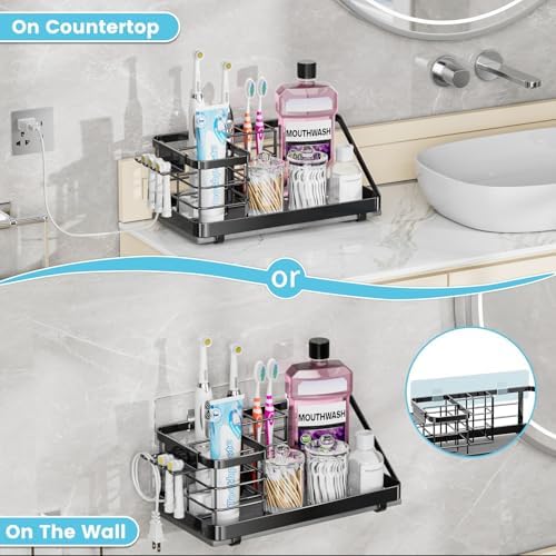Toothbrush Holders Instant-Drying Organizer - Bathroom Countertop/Wall Mounted Electric Toothbrush Holder - Toothbrush Head Toothpaste Holder Bathroom Counter Organizers Storage Black - Image 2
