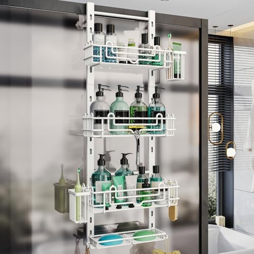 HapiRm 4 Tier Over the Door Shower Caddy, Hanging Shower Caddy with 22 Hooks and 2 Toothbrush Holders, No Drilling Adjustable Hanging Bathroom Organizer - White by HapiRm