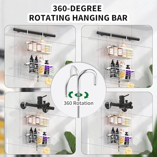 SHANSHUI Shower Hanging Caddy, Double Bathroom Showers Organizer Basket, Shampoo Bracket, Over Door Shower Rack with Hooks, 304 Stainless Steel Rustproof - Image 5