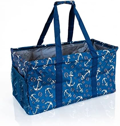 Extra Large Utility Tote Bag - Oversized Collapsible Reusable Wire Frame Rectangular Canvas Basket With Two Exterior Pockets For Beach, Pool, Laundry, Car Trunk, Storage - Anchor by Lucazzi