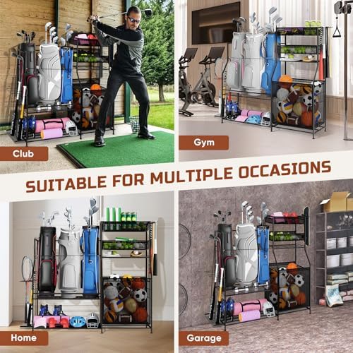 Garage Sports Equipment Organizer, 3 Golf Bag Organizer Stand Heavy-Duty Ball Storage Rack with Basket and Hooks, Ball Storage Cart for Toy Sports Gear Storage, Black - Image 6