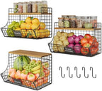 3 Pack Extra Large Fruit Basket for Kitchen with Wood Lid Nameplate - Counter&Wall Mounted Onion and Potato Storage Bin, Stackable Metal Hanging Wire Baskets,15.74 * 8.66 * 10.63 inch by Jautokerdar