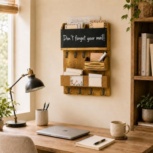Mail Organizer Wall Mounted with Key Holder, Shelf, Light Wood - Image 6