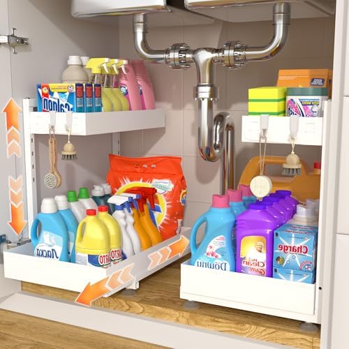 Under Sink Organizer, Bathroom Counter Organizer, 2 Packs 2-Tier Metal, Under Cabinet Storage, Makeup Storage, Adjustable Height & Slide-Out Drawer for Kitchen Bathroom, White by Unknown