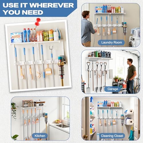Broom Holder Wall Mount with Cleaning Supplies Organizer, Laundry Room Organization and Storage Shelf with Mop Hanger Rack Gripper Hooks, Utility Shelf Closet Organizer Floating Shelves for Garage - Image 6