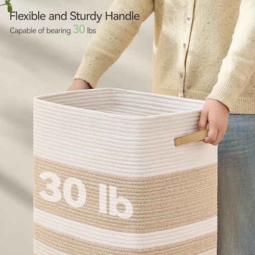 Nunsino 87L Laundry Hamper,Laundry Basket with Leather Handles,Woven Storage Basket for Toys,Pillows,Blankets,Clothes,Brown&White - Image 5