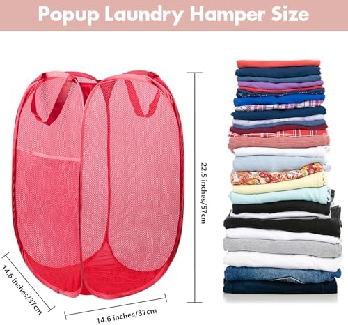 Pop Up Laundry Hamper, 70 L Collapsible Mesh Basket with Side Pocket, Red - Image 2