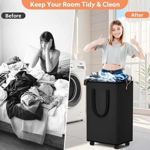 SpaceTrove Rolling Laundry Basket with Wheels, Laundry Hamper, 80L, Black - Image 4