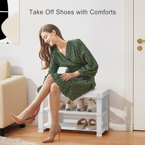Pipishell 3 Tier Bamboo Shoe Rack Bench for Entryway, White - Image 4