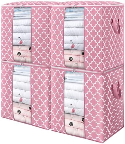 Storage Bags 4 Pack 100L Clothes Organization and Storage Containers | Large Blanket for Comforters,Bedding, Foldable Organizer with Reinforced Handle, Clear Window, Sturdy Zippers, Pink by WiseLife