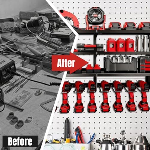 33" W Power Tool Organizer with Charging Station, 4 Layers Heavy Duty Metal Tool Storage Rack Wall Mount 8 Cordless Drill Holder with 4 Power Strip, Battery Organizer for Garage, Workbench,Tool Room - Image 5