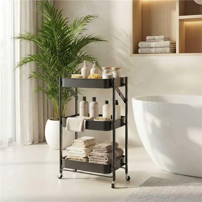 JAQ 3-Tier Foldable Rolling Cart with Wheels, No Assembly Required Metal Storage Cart, 26.8" Low Profile Under Desk Organizer, 10" Wide Narrow Utility Cart for Small Spaces, Black - Image 6