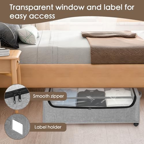 Under Bed Storage with Wheels, 2-Pack Under the Bed Storage Containers with Clear Lids & Label, Underbed Storage Bins, XXXL 85L 11 inches Rolling Metal Drawer for Clothes, Shoes, Toys, Books - Gray - Image 5