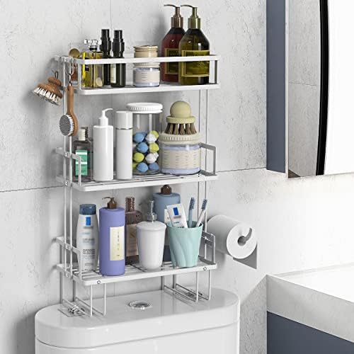 FLOLXNB Over The Toilet Storage,3-Tier Bathroom Organizer Shelves with Paper Holder, Multifunctional Toilet Rack,No Drilling Storage Shelf, Home Storage Space Saver Wall Mounting Design,White by FLOLXNB