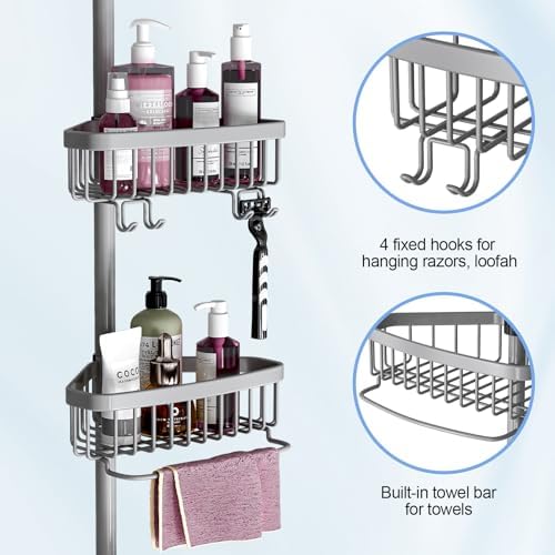 Corner Shower Caddy Tension Pole: Stainless Steel Rustproof 4-Tier Shower Organizer - 47-121 inch Adjustable Bathroom Shelves for Bathtub Shampoo Storage - Tension Rod Floor Standing Bath Rack - Image 4