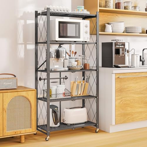5-Tier Folding Metal Storage Rack - 63" Heavy-Duty Steel Frame with Wheels, No Assembly Utility Organizer, Rolling Shelving Unit for Kitchen, Garage, Pantry, Bedroom (Gray, 5 Tier) - Image 5
