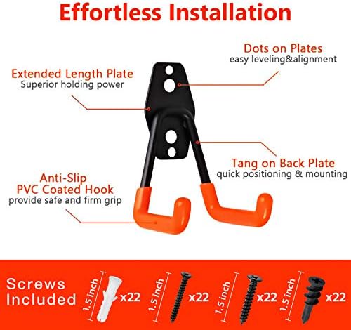 Garage Hooks, 12 Pack Wall Storage Hanger with 2 Extension Cord Straps, Heavy Duty Tool Holder for Utilities Organization, Wall Mount Rack for Garden Lawn Tools, Ladders, Bike, Ski (Orange) - Image 2