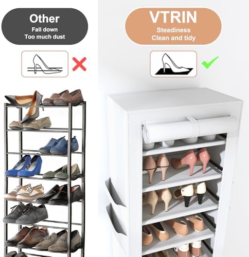 VTRIN Vertical Narrow Shoe Rack Organizer Tall Shoe Rack for Closet Entryway 10 Tier Non-Woven Cover Shoe Shelf Holds 20-22 Pairs Free Standing Shoe Storage Cabinet with Dustproof Cover, White - Image 6