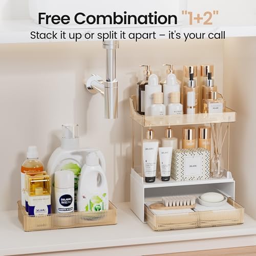 Delamu 4-Tier Makeup Organizer, Bathroom Counter Storage, 2 Drawers, Amber - Image 6