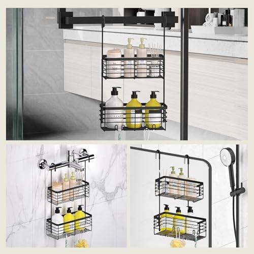 DELLAN 2-Tier Shower Hanging Caddy, Shower Rack with Hooks, Black - Image 2