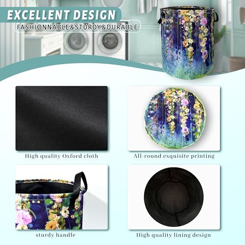 Blue Green Floral Laundry Basket Oxford Cloth Foldable Hamper 18.9x16.5Inch - Image 4