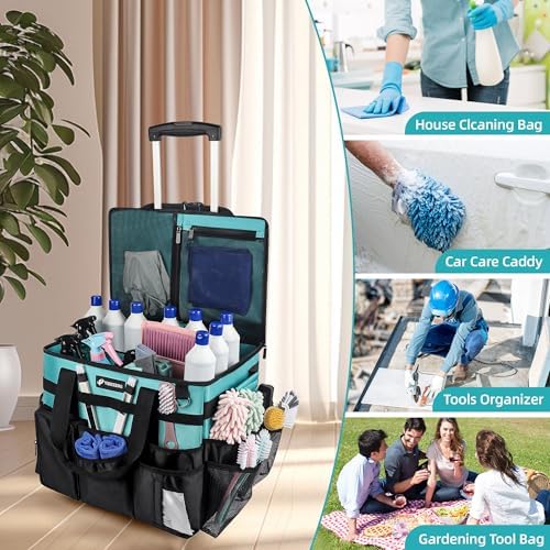 Rolling Cleaning Caddy Bag with Wheels, Large Cleaning Cart Detachable Trolley, Cleaning Bags for Housekeepers With Shoulder Strap & Multi Pockets for Cleaning Tools Storage (Amber Green) - Image 7