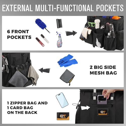 SCAVATA Rolling Cleaning Caddy Bag with Detachable Trolley, Large Cleaning Supplies Organizer with Wheels, Multi Pocket Cleaning Cart with Adjustable Shoulder Strap for Housekeepers & Home Use, Black - Image 2
