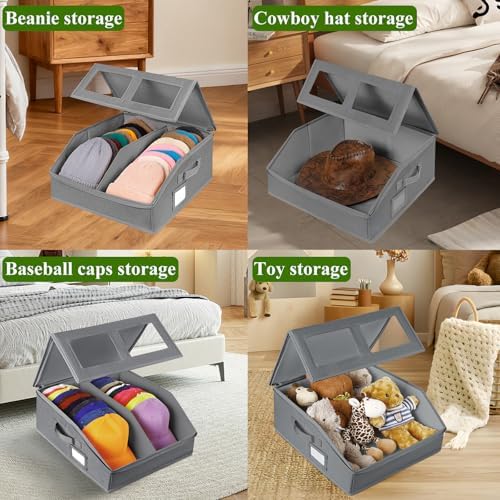 2 Pack Hat Storage for Baseball Caps-Holds Up to 48 Caps, Hat Organizer for Closet Stackable Hat Box with Cardboard, Dustproof Baseball Cap Organizer with 2 Handles for Home Travel (Grey, 2Pack) - Image 4