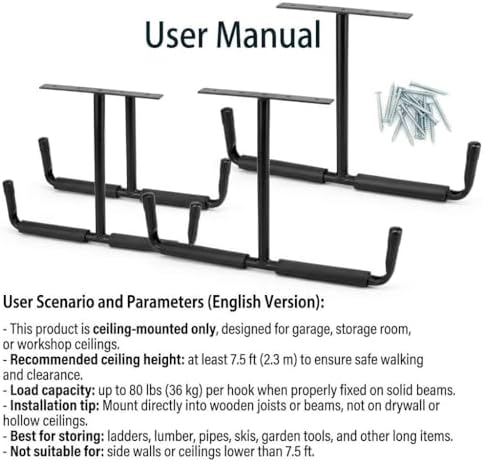 QWORK Overhead Ceiling Hooks Rack – Heavy Steel Storage Hangers for Garage, Workshop & Basement - Image 7