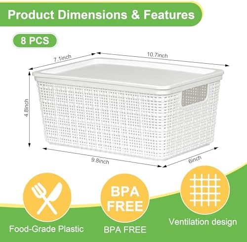 6 Pack Plastic Storage Baskets with Lid,White Stackable Bins - Image 3