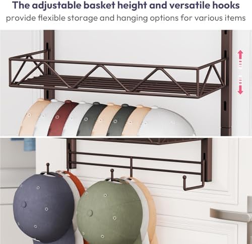 SWTYMIKI Over Door Hat Organizer - 3 Tier Wall Mounted Hat Rack with 2 Adjustable Metal Basket and 3 Hooks, Hanging Baseball Cap Organizer Storage Holds up to 29 Caps for Door, Bedroom, Closet - Image 7