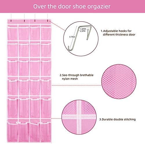 SAVERHO 2 Pack Hanging Shoe Organizer，Over Door Shoe Organizer with 24 Mesh Large Pockets Shoe Storage Bag for Sport Shoes Size:58x21 Inch Hanging Door Shoe Rack Organizer (Pink-2pack) - Image 4